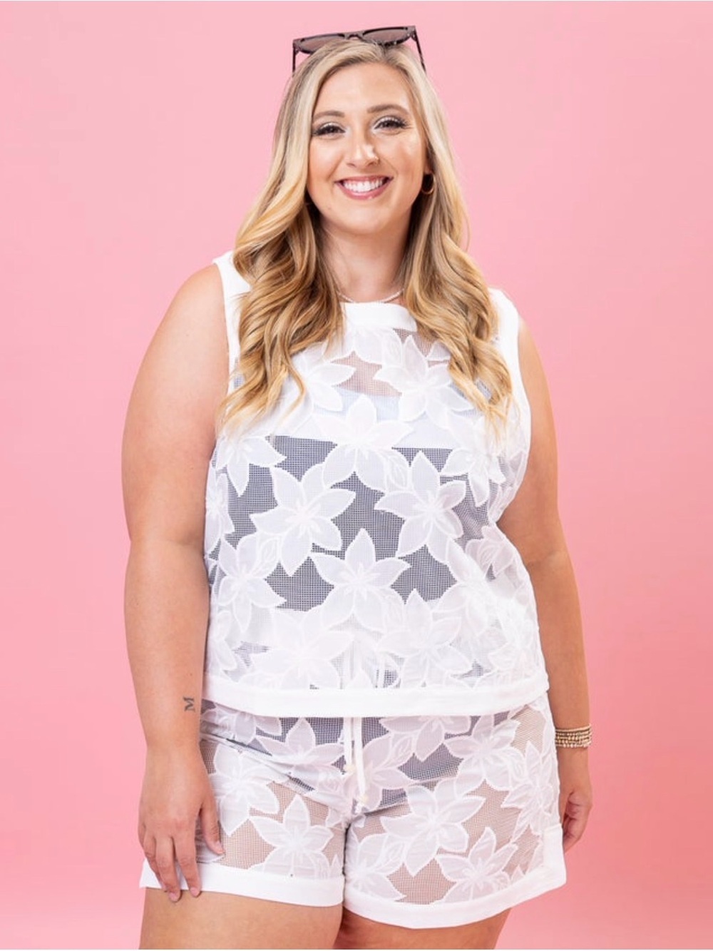 White Floral Lace Tank & Short Set - Women